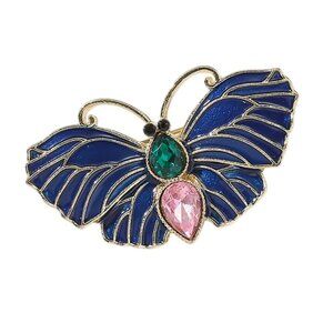 Blue Butterfly Enamel Brooch With Green & Pink jewels Gold Tone
